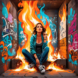 Beautiful woman engulfed in roaring flame, sits inside burning box - Н10.png