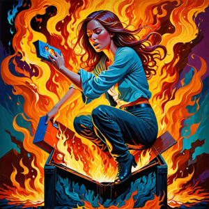 Beautiful woman engulfed in roaring flame, sits inside burning box - Н11.png