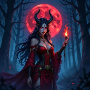 Demoness of pride in haunted forest under Blood Moon.webp
