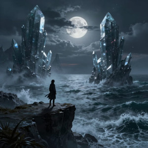 A lone figure stands on a windswept cliff overlooking a stormy, alien sea.jpg