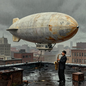 A vintage dirigible, its hull weathered and stained.jpg