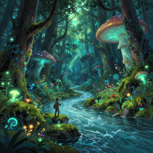 A solitary fisherman casts his line into a river that flows through an ancient, moss-covered forest.jpg