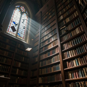 Vast, towering bookshelves fill a forgotten library, with sunlight streaming through a shattered stained-glass window.jpg