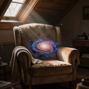 Inside a dimly lit, cozy attic room, a vintage armchair is draped with a knitted blanket.jpg