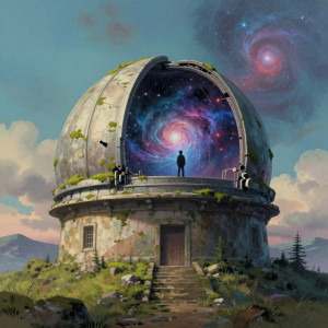 An ancient, moss-covered observatory stands forgotten on a desolate mountaintop.jpg