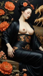 Японка топлесс - оранжевые  цветы.webp