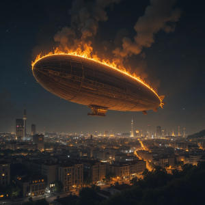Giant burning airship in night sky over modern city.png