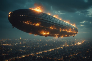 Giant burning airship in night sky over modern city - P1.jpg