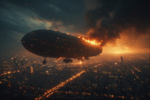Giant burning airship in night sky over modern city - P4.jpg