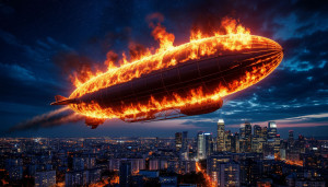 Giant burning airship in night sky over modern city - S1.jpg