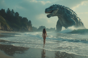 Beautiful woman stands on the beach in front of a giant sea monster - Р6.jpg