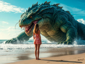 Beautiful woman stands on the beach in front of a giant sea monster - Ш1.jpg