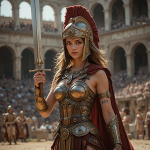 Beautiful female gladiator armed with sword and helmet, in Roman arena.png