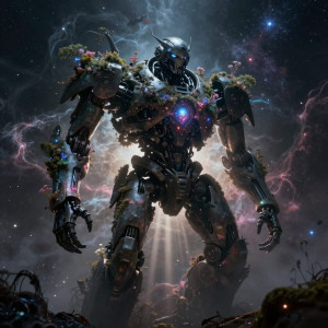 A colossal, ancient robot, partially submerged in a sea of swirling nebulae and stardust.jpg