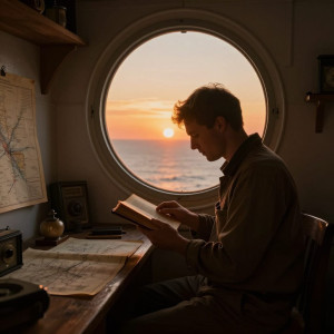 A lone lighthouse keeper meticulously repairs an antique, leather-bound book.jpg