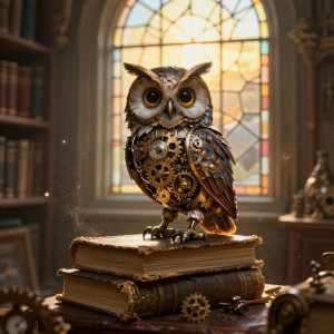 A whimsical, clockwork owl perches on a stack of ancient tomes.jpg