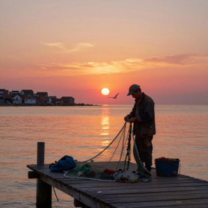 A weathered fisherman mends his nets on a small wooden pier.jpg