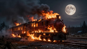 Burning vintage train on railway to Hell under Blood Moon - Z.jpg