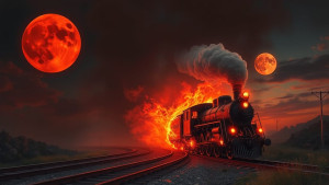 Burning vintage train on railway to Hell under Blood Moon - FS.jpg