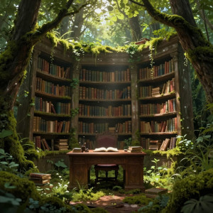 An ancient, moss-covered library, half-swallowed by a vibrant, overgrown forest.jpg