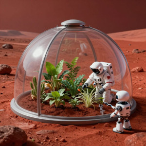 A lone astronaut tending to a small, vibrant garden inside a sterile biodome.jpg