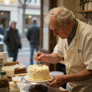 An elderly baker carefully decorating a small, beautifully crafted cake.jpg