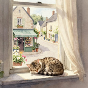 A stray cat curled up asleep on a sun-warmed windowsill.jpg
