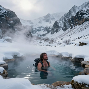 A lone traveler finding a hidden hot spring nestled in a snowy mountain pass.jpg