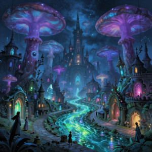 A sprawling, ancient city built within colossal, bioluminescent mushrooms.jpg