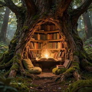 A cozy reading nook nestled within the hollow of a giant, ancient tree.jpg