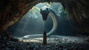 Beautiful woman stands inside the cave in front of a giant serpent - L1.jpg