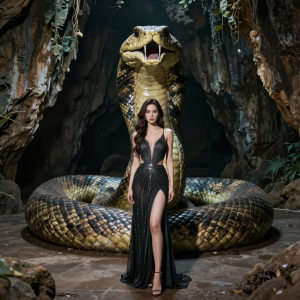 Beautiful woman stands inside the cave in front of a giant serpent - FF.png
