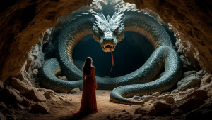 Beautiful woman stands inside the cave in front of a giant serpent - S1.jpg