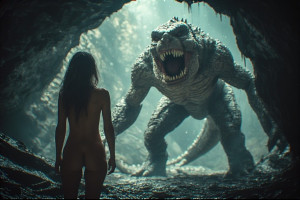 Beautiful woman stands inside the cave in front of a giant monster - P1.jpg