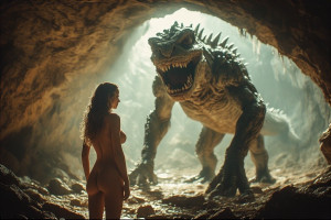 Beautiful woman stands inside the cave in front of a giant monster - P2.jpg