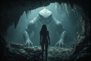 Beautiful woman stands inside the cave in front of a giant monster - P3.jpg