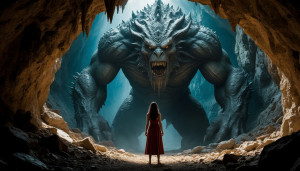 Beautiful woman stands inside the cave in front of a giant monster - S1.jpg
