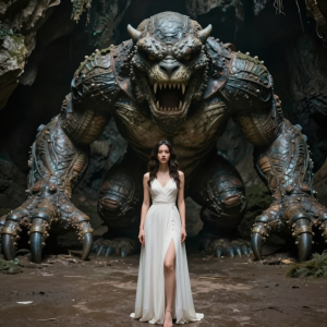 Beautiful woman stands inside the cave in front of a giant monster - FF.png