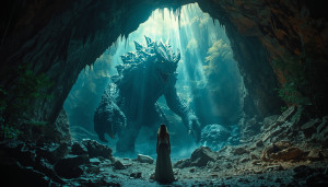 Beautiful woman stands inside the cave in front of a giant monster - L2.jpg
