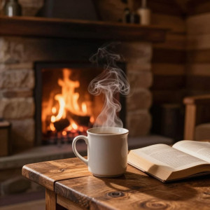 A cozy, rustic cabin interior with a warm fire crackling in the hearth.jpg