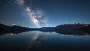 Vast, tranquil lake reflects a swirling, nebula-filled sky - L.jpg