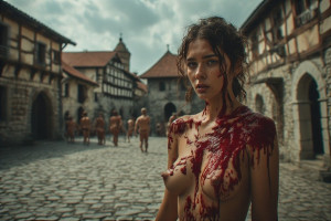 Beautiful naked woman covered in blood, in medieval city square - P5.jpg