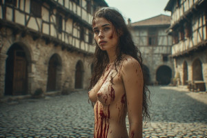 Beautiful naked woman covered in blood, in medieval city square - P6.jpg