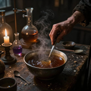 A steaming bowl of rich, dark broth rests on a workbench in a cluttered alchemist's study.jpg