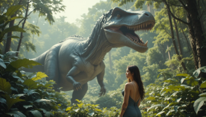 Beautiful woman stands in the jungle in front of a giant dinosaur.png