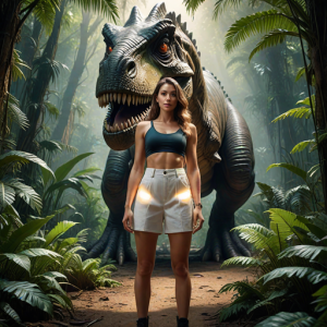 Beautiful woman stands in front of a giant dinosaur - H1.png