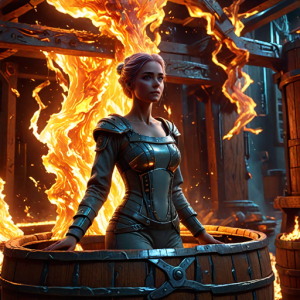 Beautiful woman stands in a burning wooden barrel - H4.png