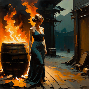Beautiful woman stands in a burning wooden barrel - H5.png