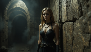 Beautiful woman  stands in the dungeon chained to the wall by the neck - PL1.png