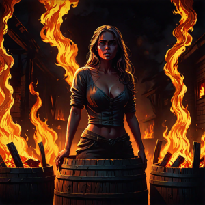 Beautiful woman stands in a burning wooden barrel - H6.png
